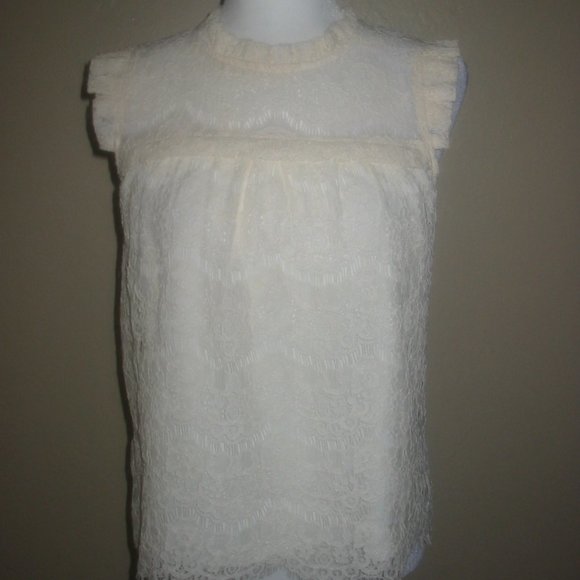 Monteau Off White Ivory Lace Mock Neck Short Sleeve Top Size Medium M  NWT - Picture 1 of 5